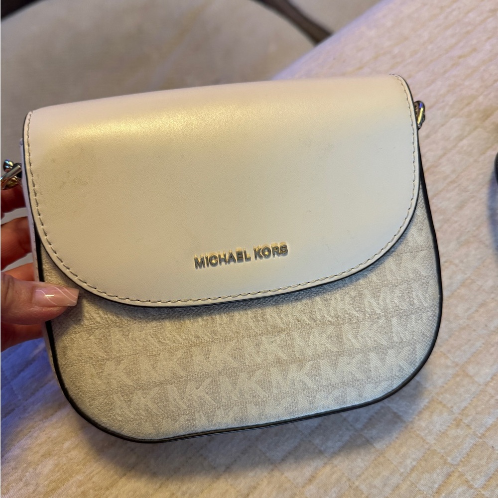 Michael Kors White and Gray Crossbody Bag with Monogram Print